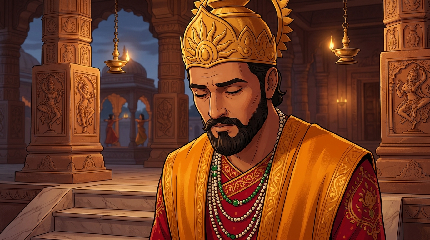 King Bhoja lowers his head in deep humility and introspection, realizing his own pride