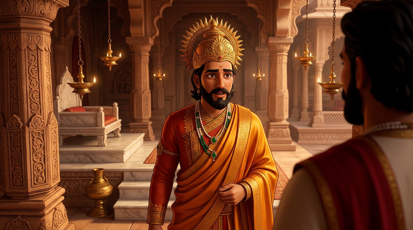 King Bhoja steps down from the fourth step, ordering royal stipends for artists and poets