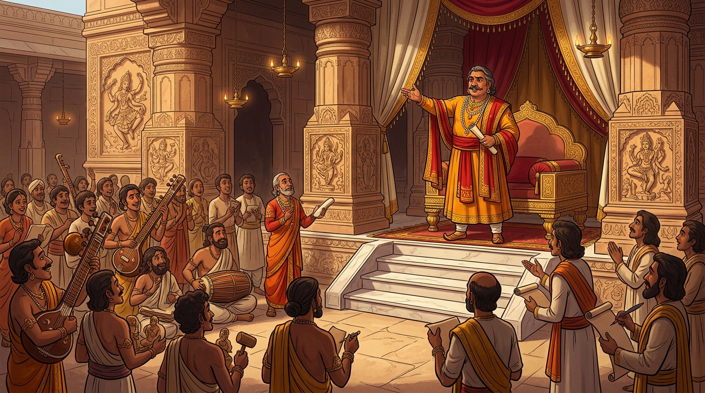King Bhoja issues royal decrees granting lifetime tax-free land grants to musicians and poets