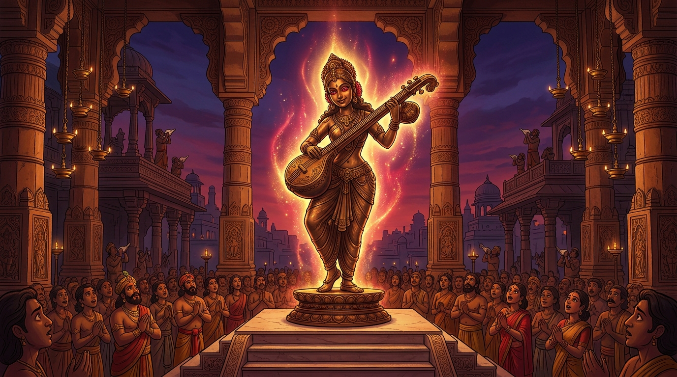 Twilight conches sound across Dharanagari as Kamakandala smiles and freezes back into silent bronze