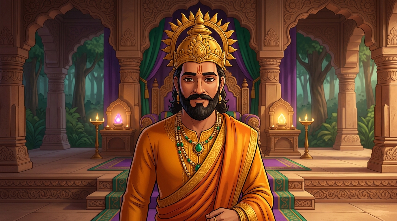 King Bhoja in royal saffron silks approaches the fifth step of the throne with humble stride