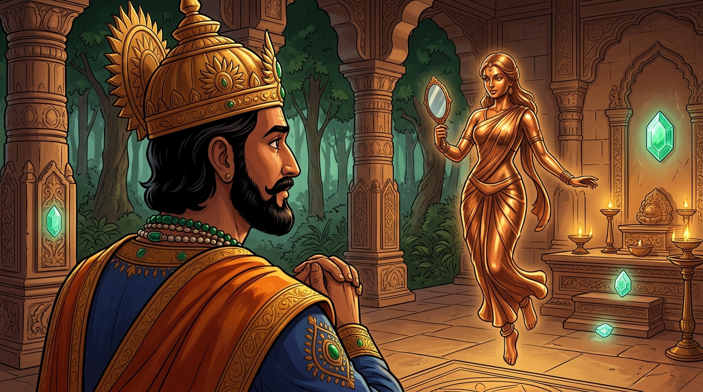 King Bhoja halts in awe with folded hands, gazing at the living celestial bronze maiden