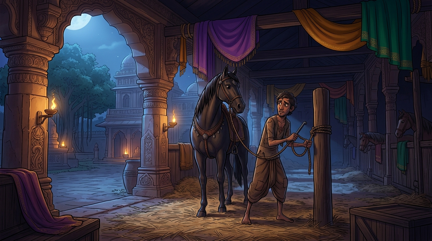 In the royal stables of ancient Ujjayini under moonlight, Dhanadatta sneaks inside to untie the horse