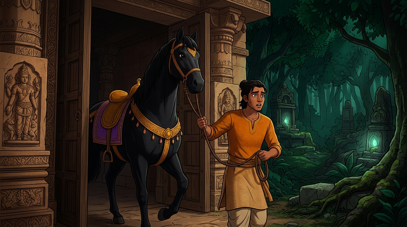 The frightened young man leads the magnificent black stallion into the dark Mahavana forest