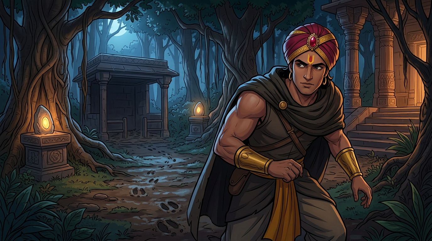 Vikramaditya in simple hunter's cloak discovers the empty stall, tracking hoofprints alone