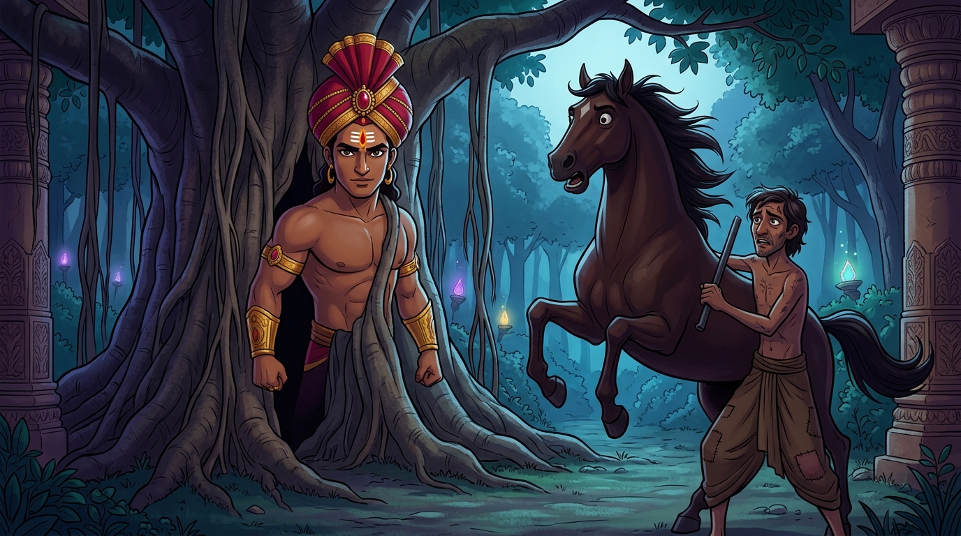 In a moonlit clearing, Vikramaditya approaches Dhanadatta struggling with the horse
