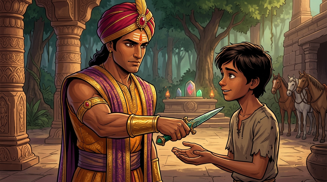 Instead of drawing his sword, Vikramaditya hands the youth his own emerald-hilted dagger