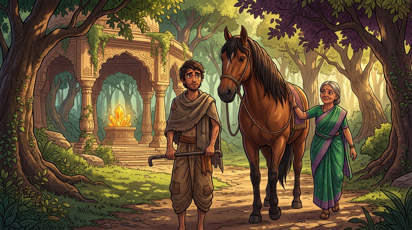 Days later, Dhanadatta returns to the forest with the healthy horse, his mother cured