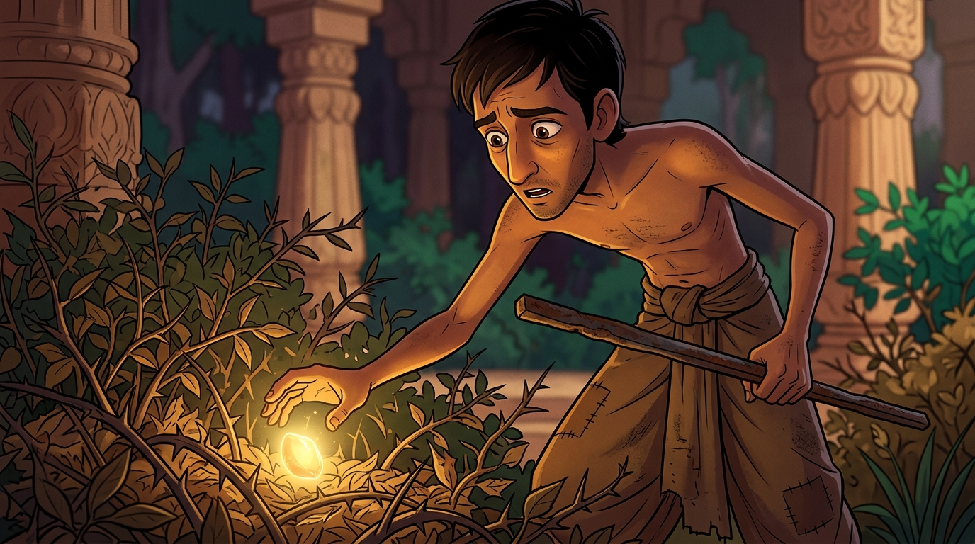 Dhanadatta spots the miraculous glowing Philosopher's Stone in the thorns, picking it up in awe