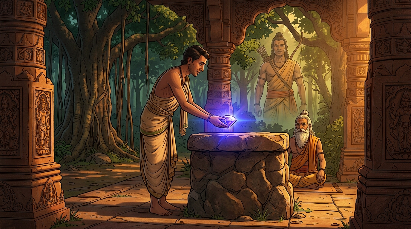 Dhanadatta refuses to keep unearned wealth, placing the glowing gem on the sage's altar