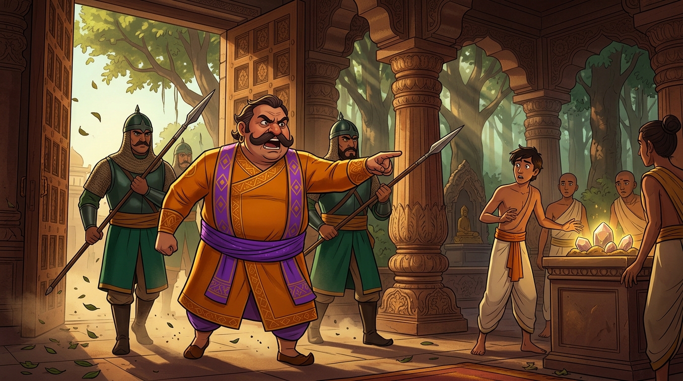 Corrupt royal officers barge into the ashram, falsely accusing the youth of stealing the stone
