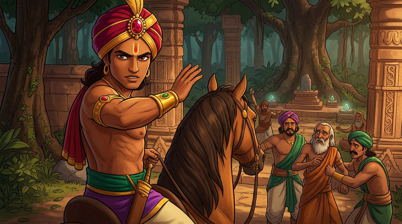 Vikramaditya arrives at the hermitage on horseback, ordering the guards to cease their cruelty