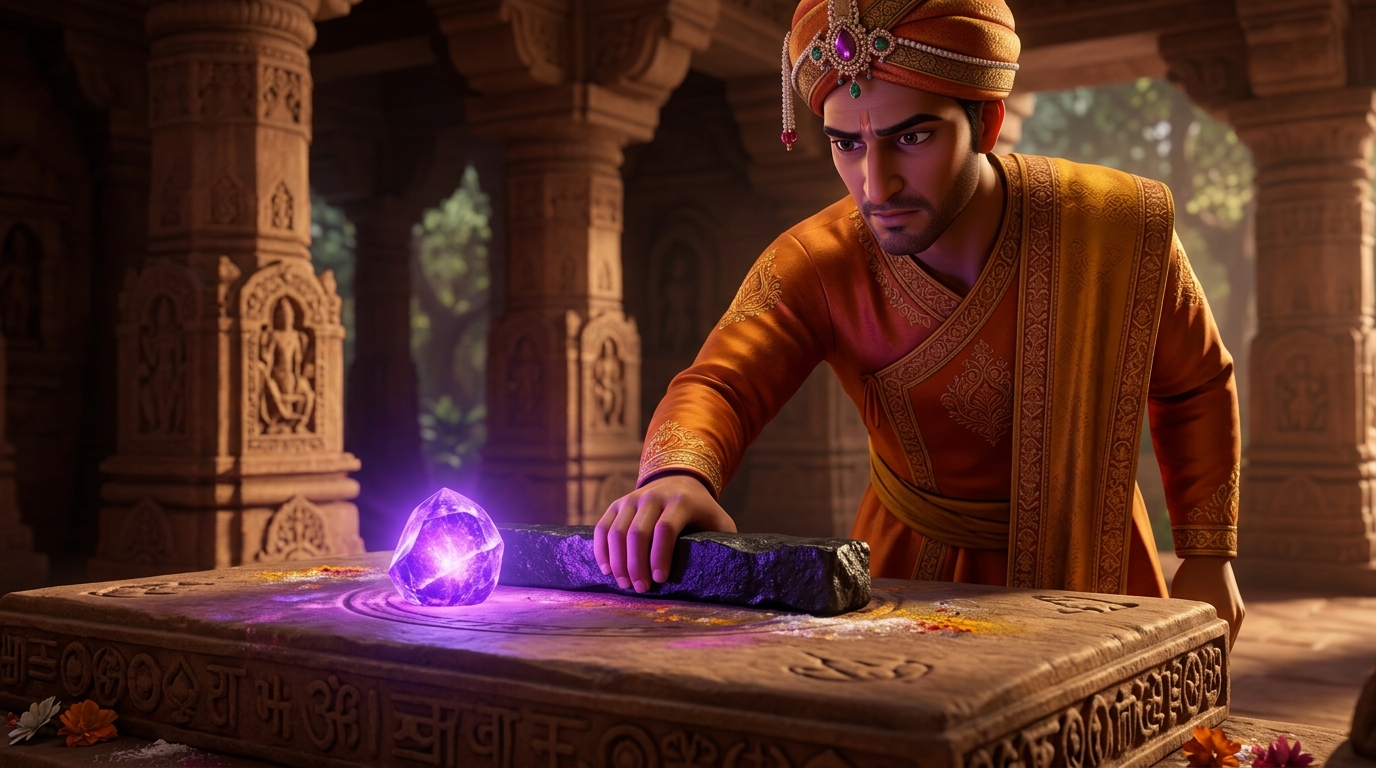 Vikramaditya places a rough black iron bar on the stone altar next to the Parasmani