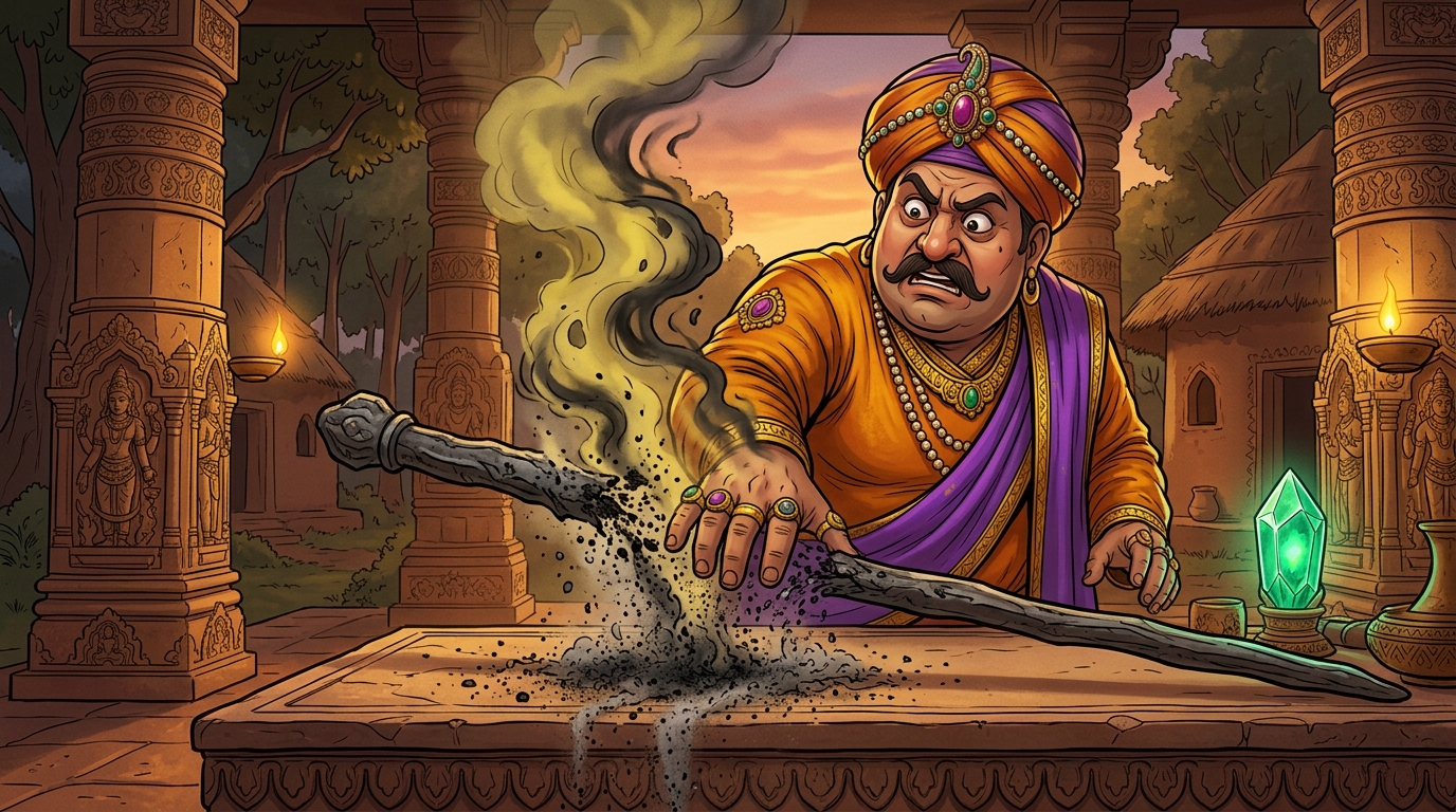 The corrupt chief officer touches the iron; his deceitful aura turns it into crumbling black ash