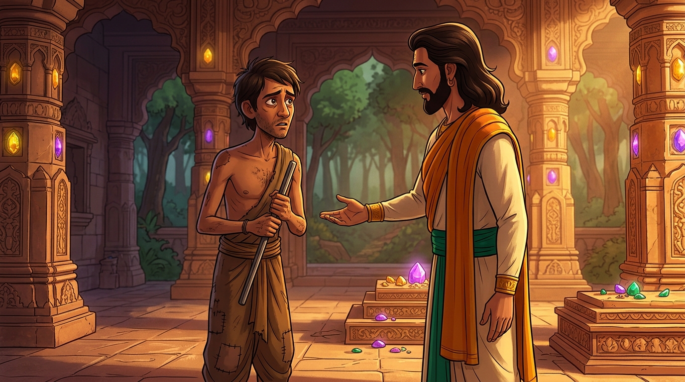 Vikramaditya gently beckons Dhanadatta forward: 'Place your honest hands upon the metal!'