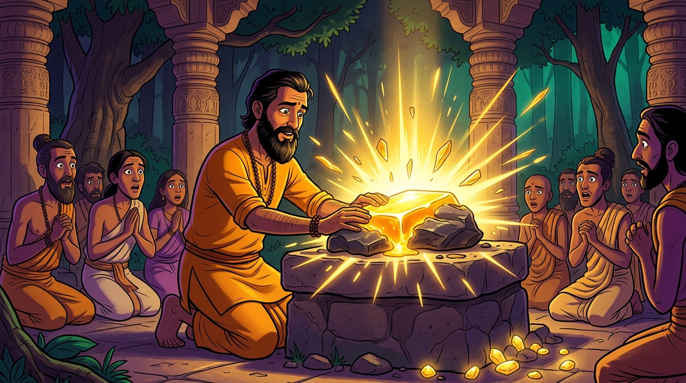 As Dhanadatta touches the iron, it instantly erupts into a blinding ingot of pure solid gold
