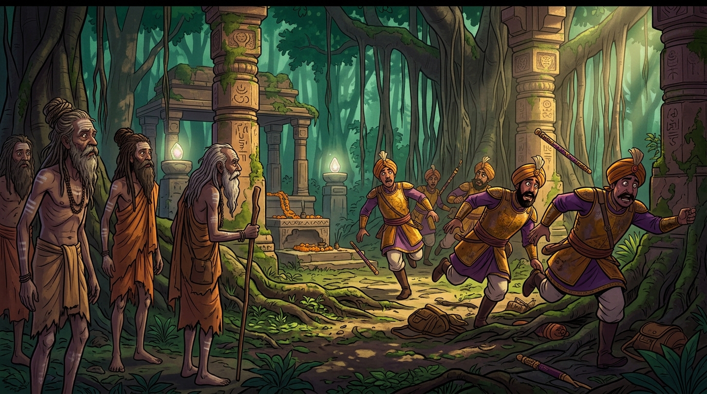 The corrupt officers flee the sacred forest in terror and humiliation