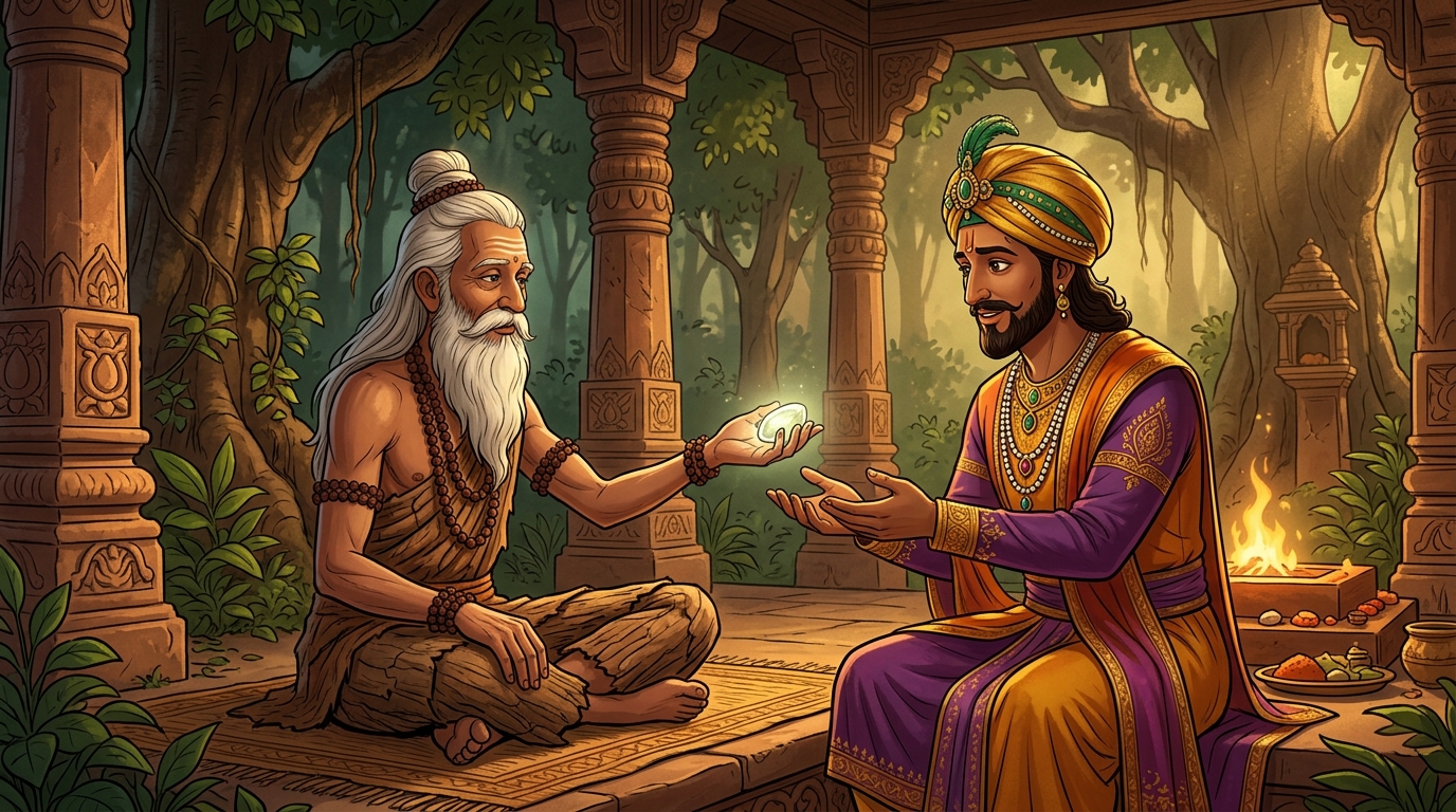 Sage Dirghatapas offers the miraculous Parasmani stone to Emperor Vikramaditya