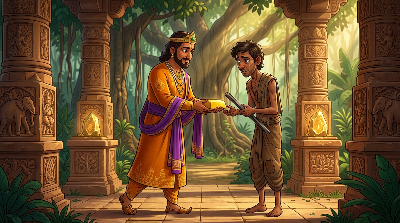 Vikramaditya gives the solid gold ingot to Dhanadatta, appointing him royal forest warden