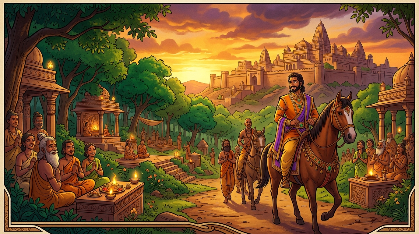 Emperor Vikramaditya rides back to Ujjayini at golden sunset, leaving the forest in peace