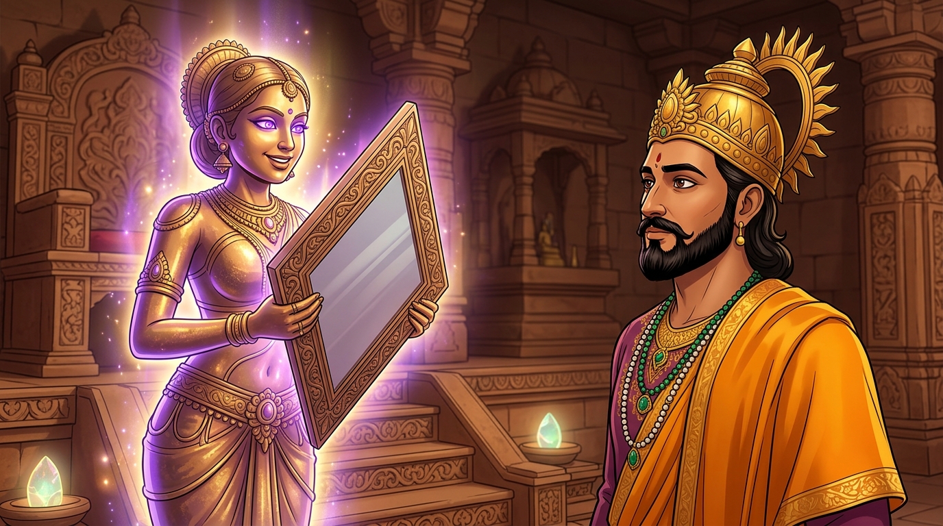 Back in Dharanagari palace, Lilavati looks directly at King Bhoja with glowing amethyst eyes