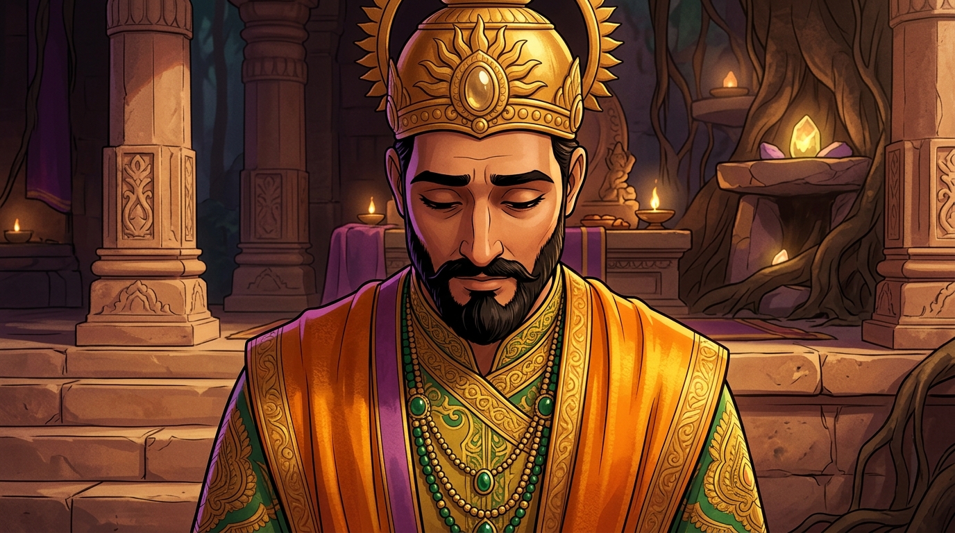 King Bhoja lowers his head in deep humility and introspection, acknowledging Vikramaditya's detachment