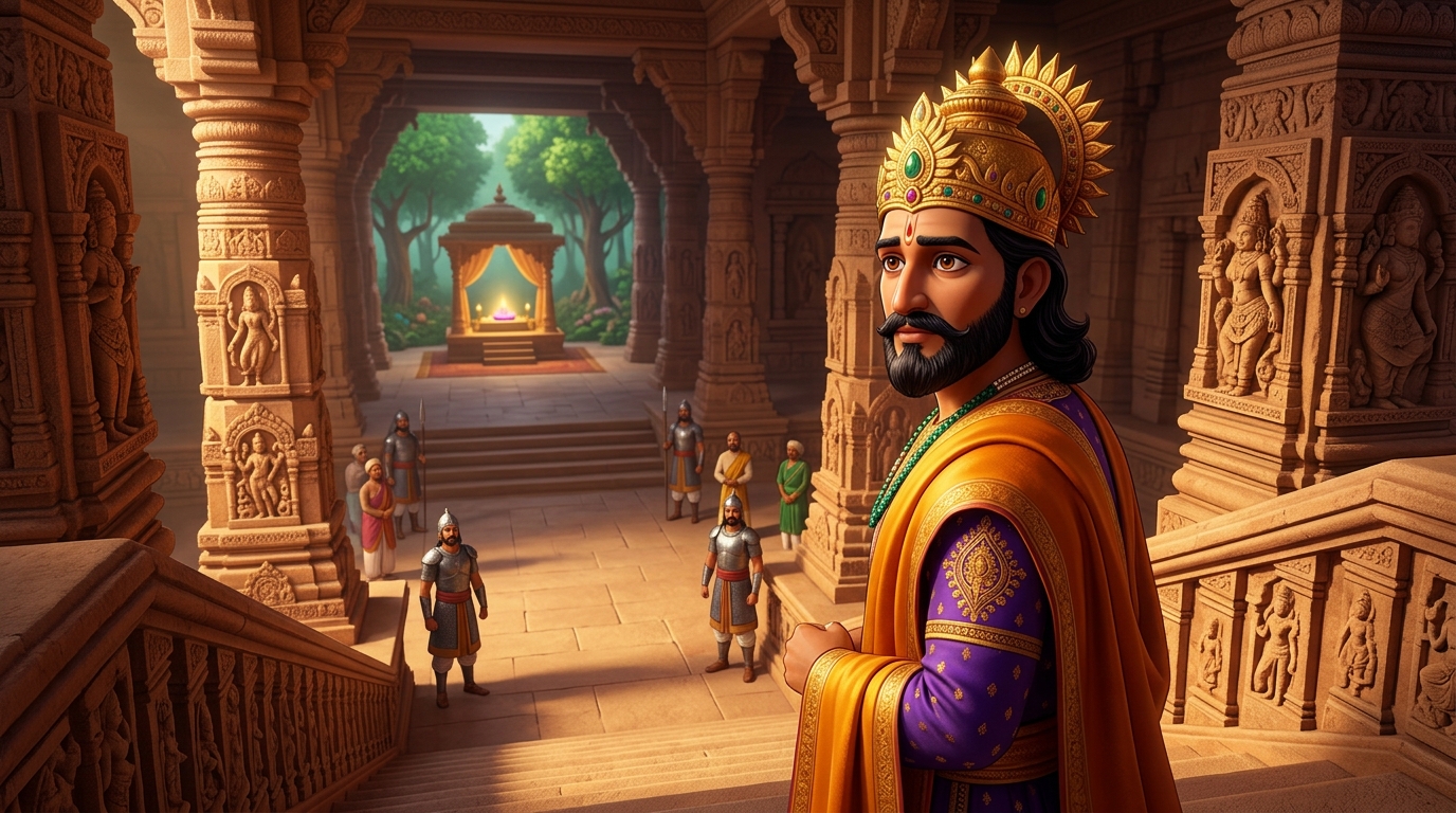 King Bhoja steps down from the fifth step, ordering pardons for impoverished prisoners