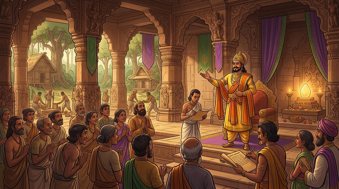 King Bhoja issues royal proclamations releasing debt-ridden prisoners and building vocational academies