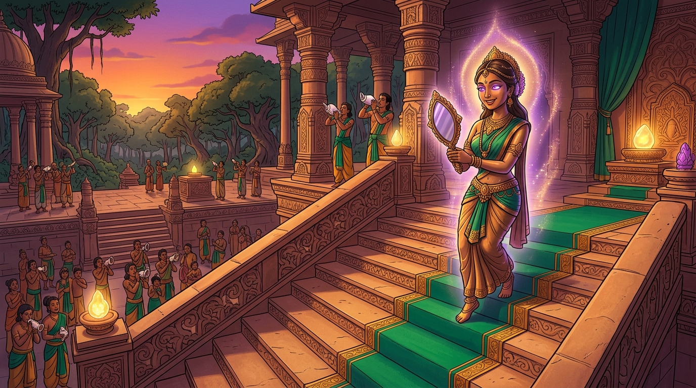 Twilight conches sound across Dharanagari as Lilavati smiles and freezes back into silent bronze