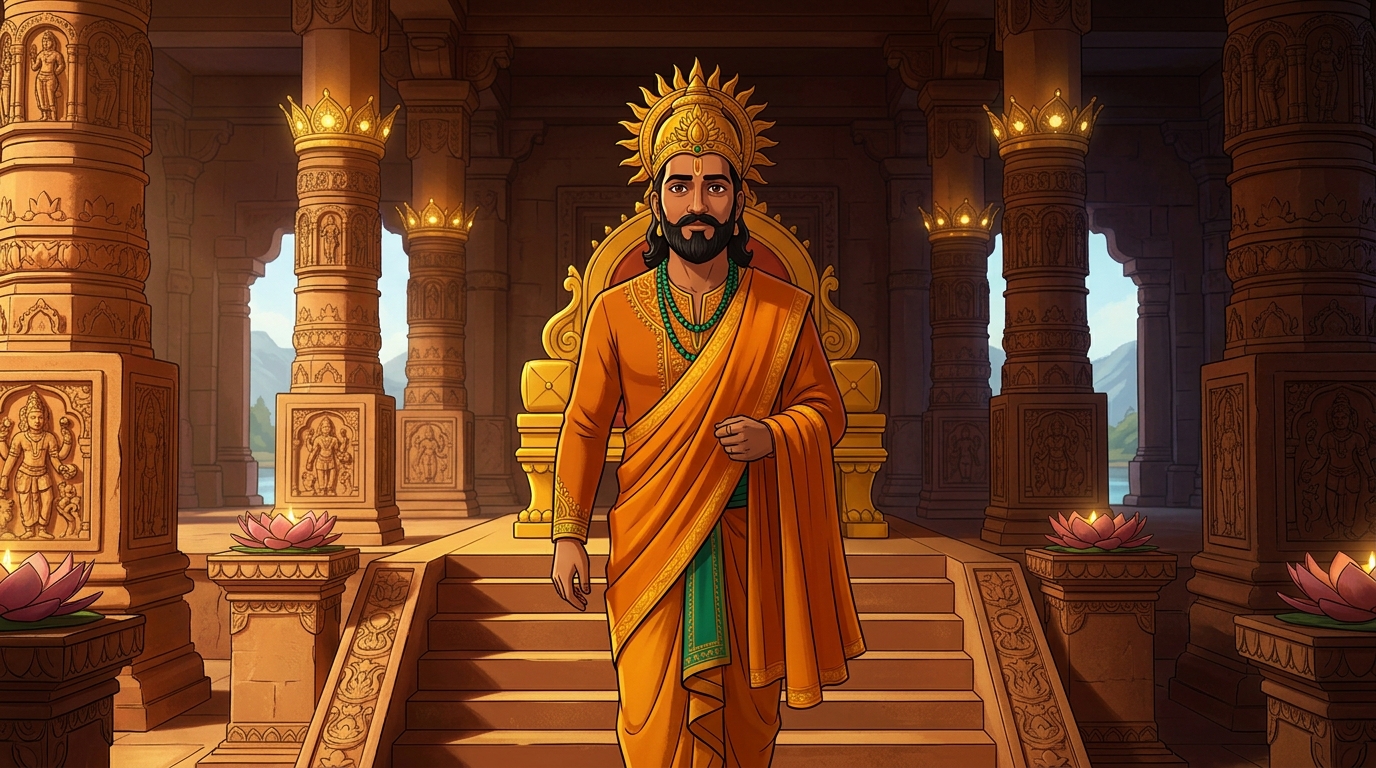 King Bhoja in royal saffron traveling robes walks with solemn stride toward the sixth step