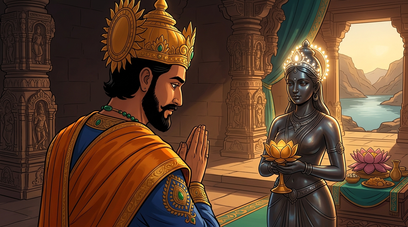 King Bhoja pauses in deep reverence with folded hands, gazing at the living bronze maiden