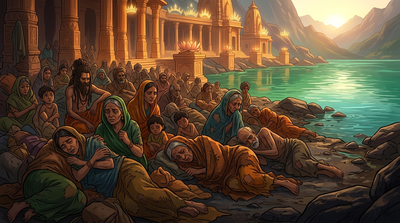 Hundreds of poor pilgrims and ascetics lie shivering along the shore with burning fever