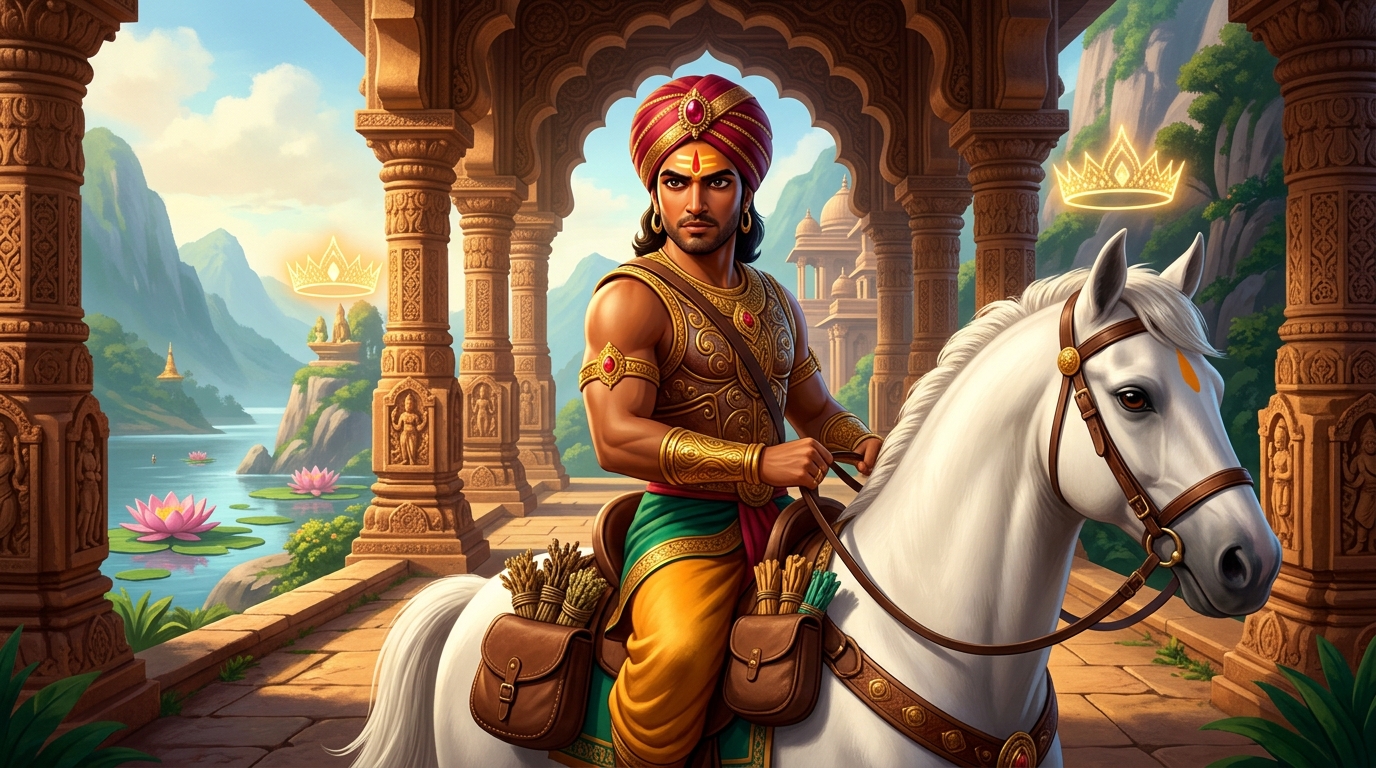 Vikramaditya in royal armor arrives on a white stallion, carrying pouches of healing herbs