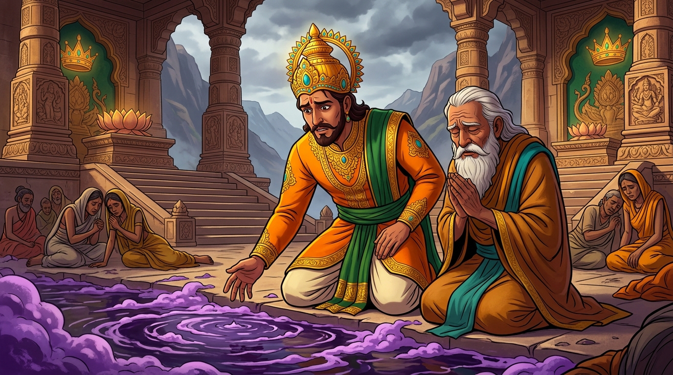 Vikramaditya kneels beside the blind sage, examining the foaming purple water