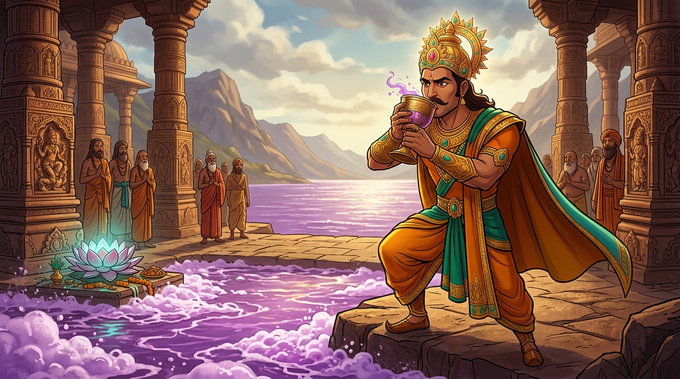 Vikramaditya dips a brass chalice into the foaming purple lake and drinks the venom without fear