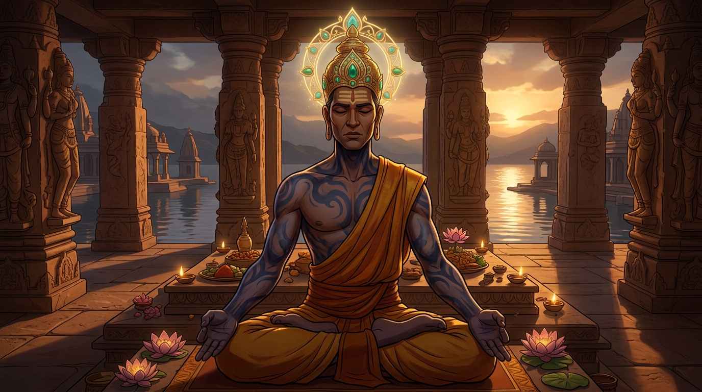 The dark poison surges through his veins; his bronze skin turns indigo as he enters deep meditation