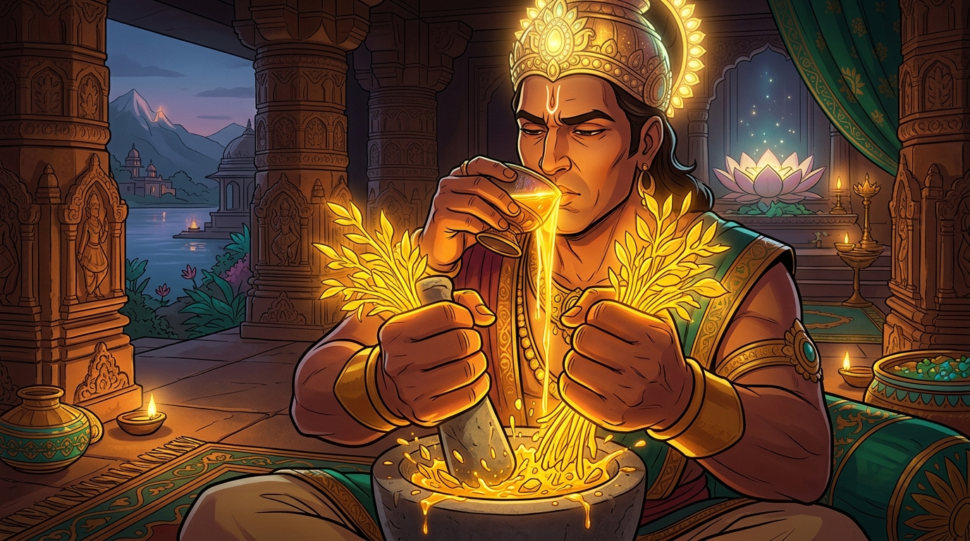In deep yogic concentration, Vikramaditya crushes the golden Soma-Vallari herb, drinking the juice