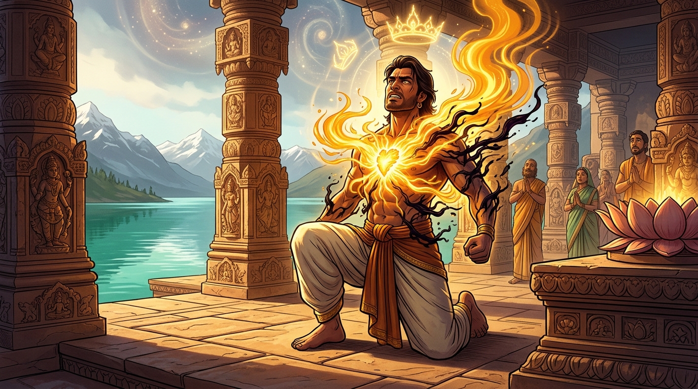 A surge of pure solar golden heat erupts from his heart, burning the dark venom