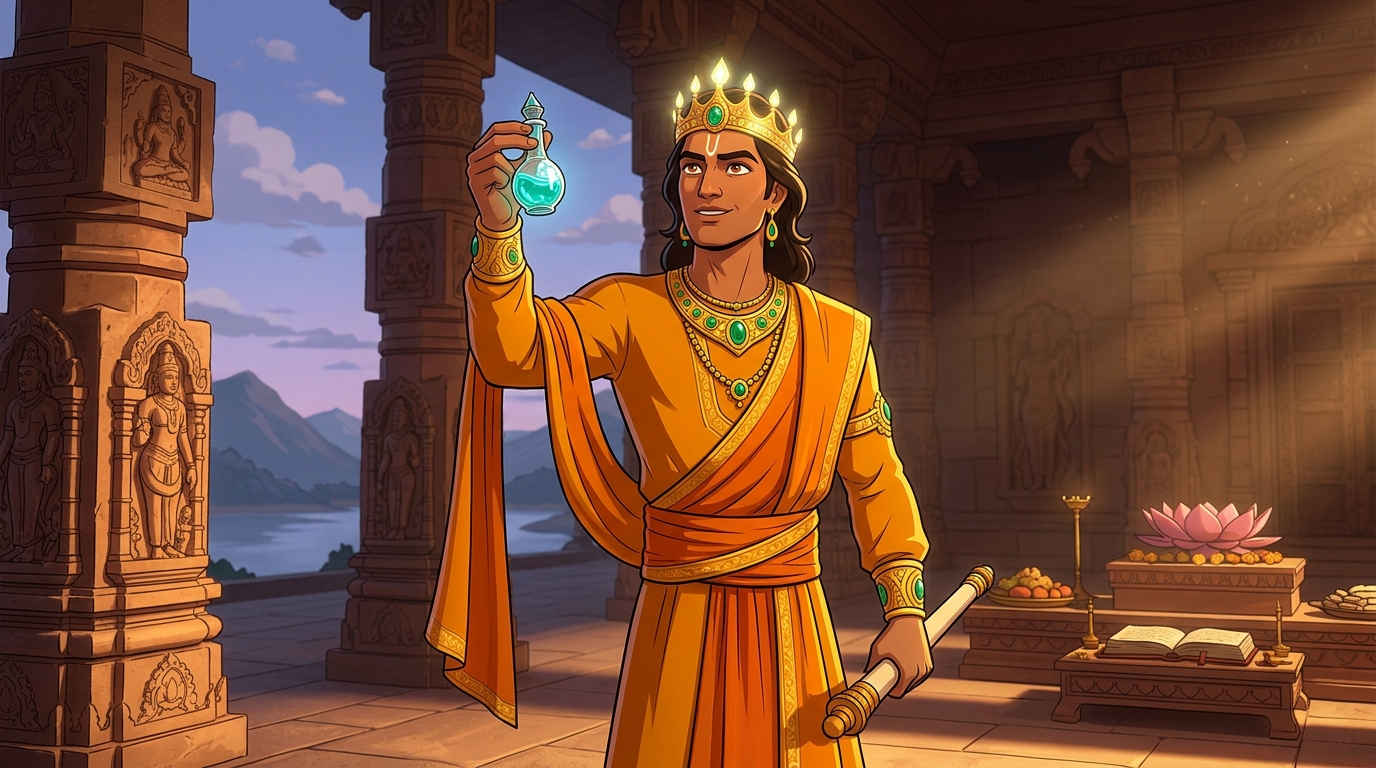 Vikramaditya stands tall with blazing eyes, having proven the exact dosage of the antidote