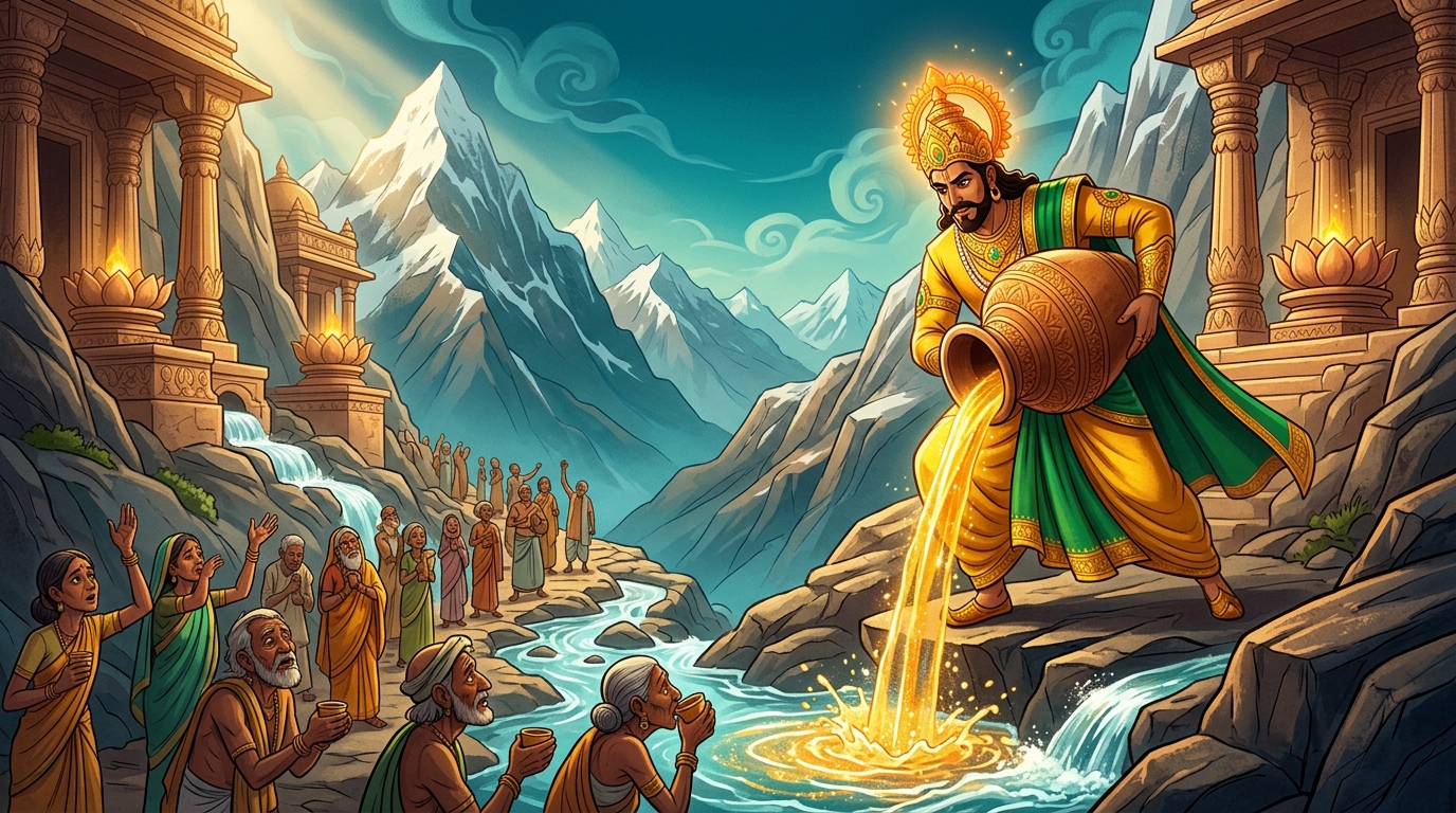 Vikramaditya dissolves large urns of the golden antidote into the mountain springs