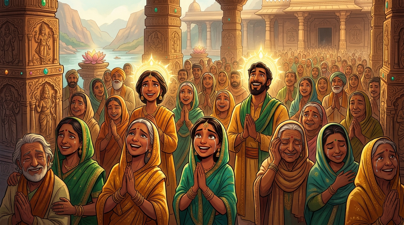Hundreds of revived pilgrims open their eyes, weeping in joyful relief