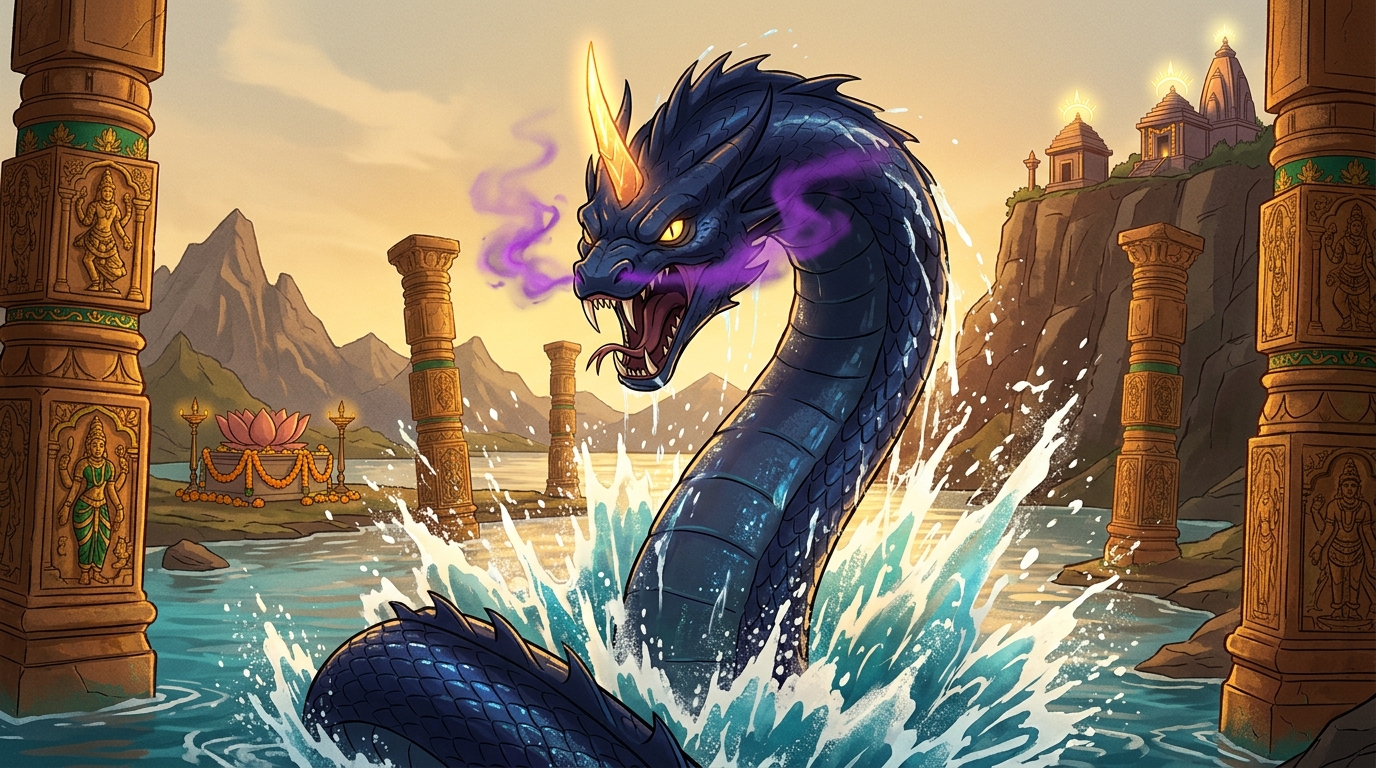 Enraged that its venom was broken, the giant serpent drake bursts from the lake bed