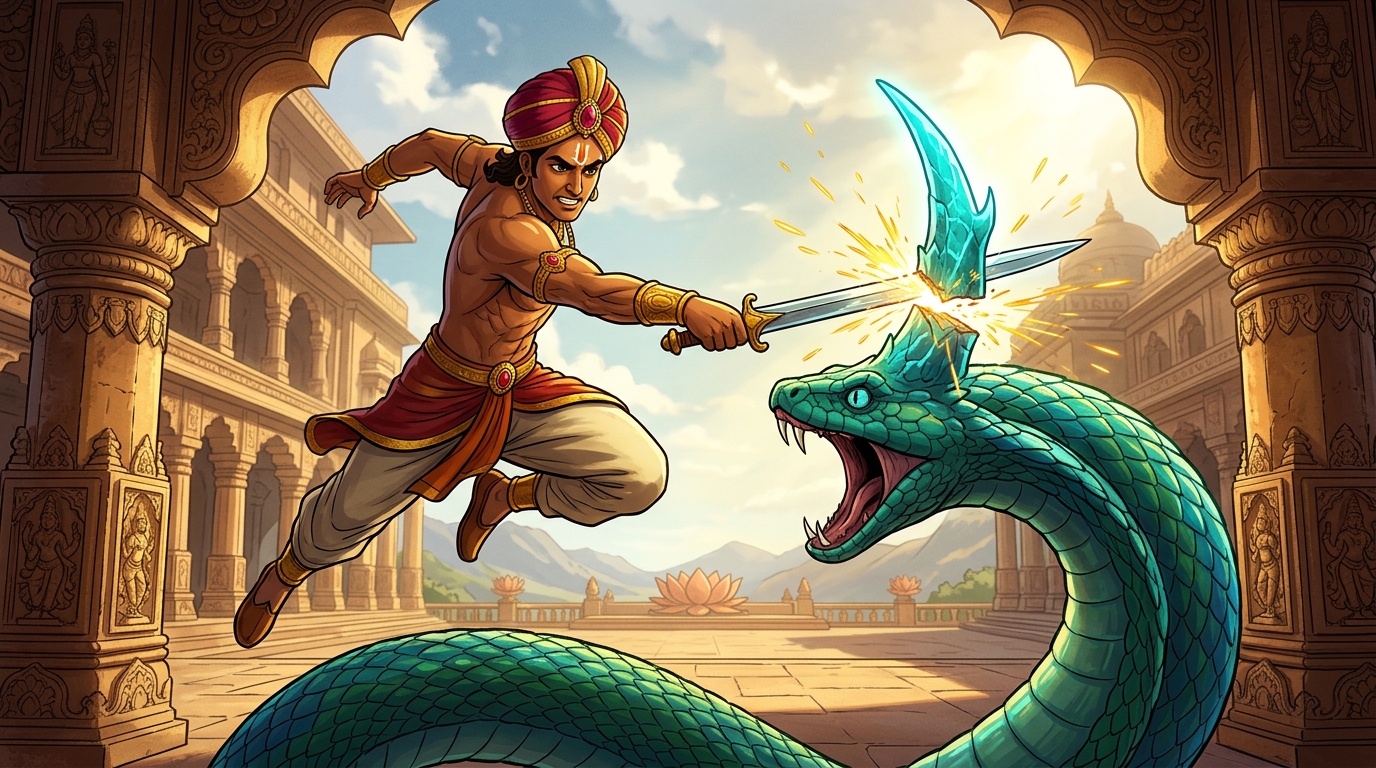 Vikramaditya leaps into mid-air with his steel sword, cleanly severing the serpent's crest horn