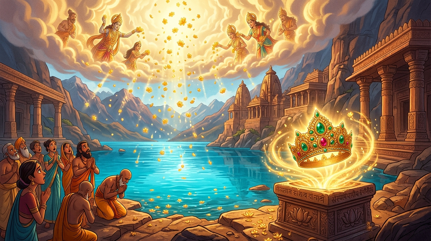 The lake turns crystal clear as celestial gods shower flowers, manifesting the Sanjeevani Crown