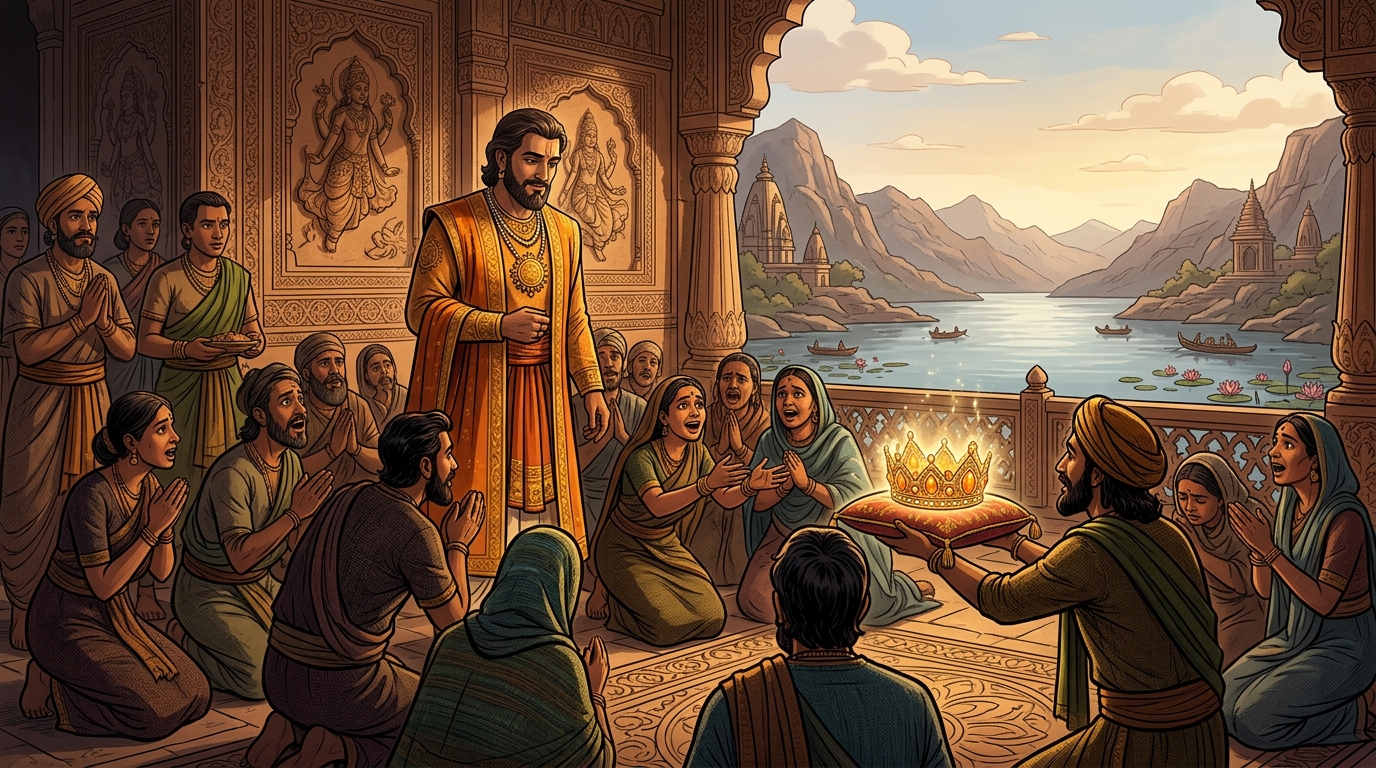 The grateful pilgrims beg Emperor Vikramaditya to wear the divine Sanjeevani Crown