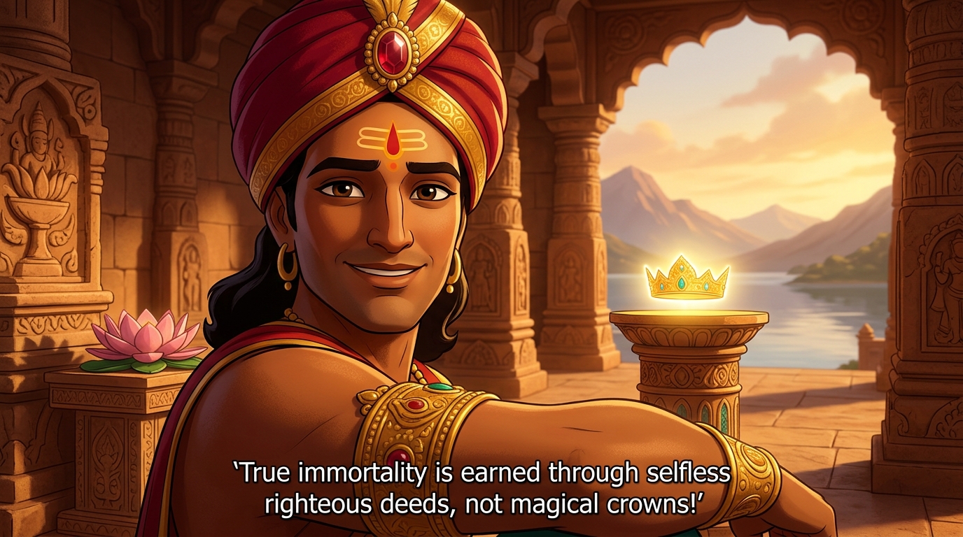 Vikramaditya smiles with serene detachment: 'True immortality is earned through Dharma!'