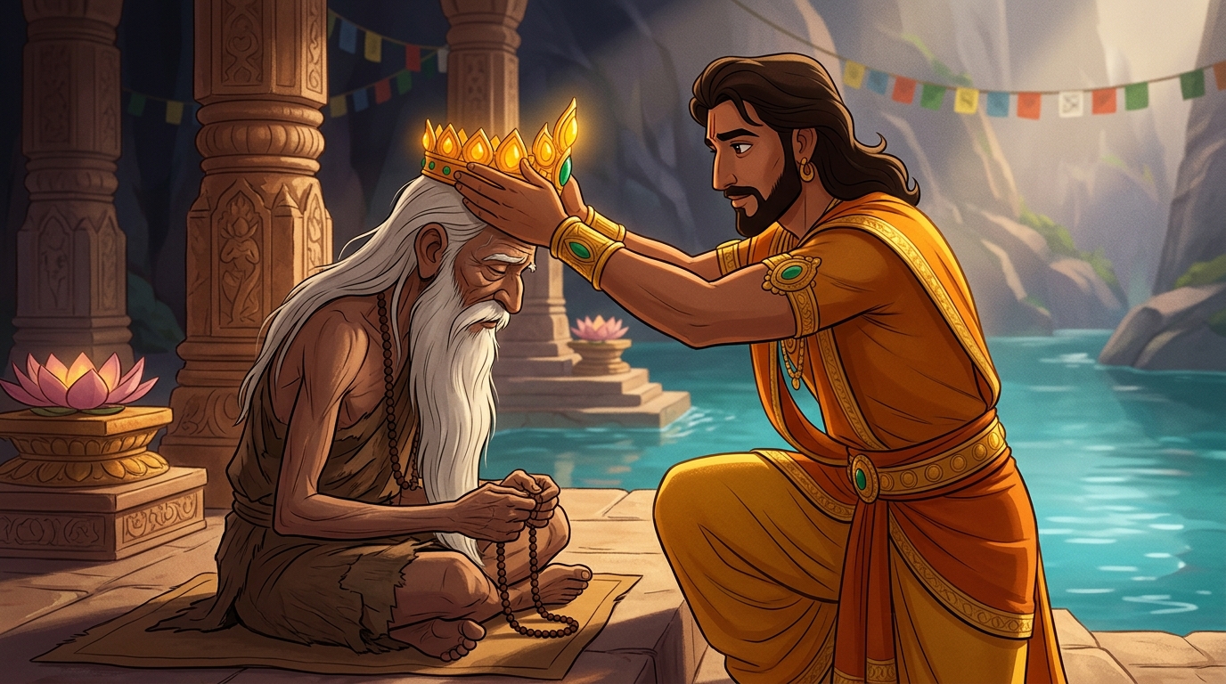 Vikramaditya walks to the blind sage Somapa, gently placing the Sanjeevani Crown upon his head
