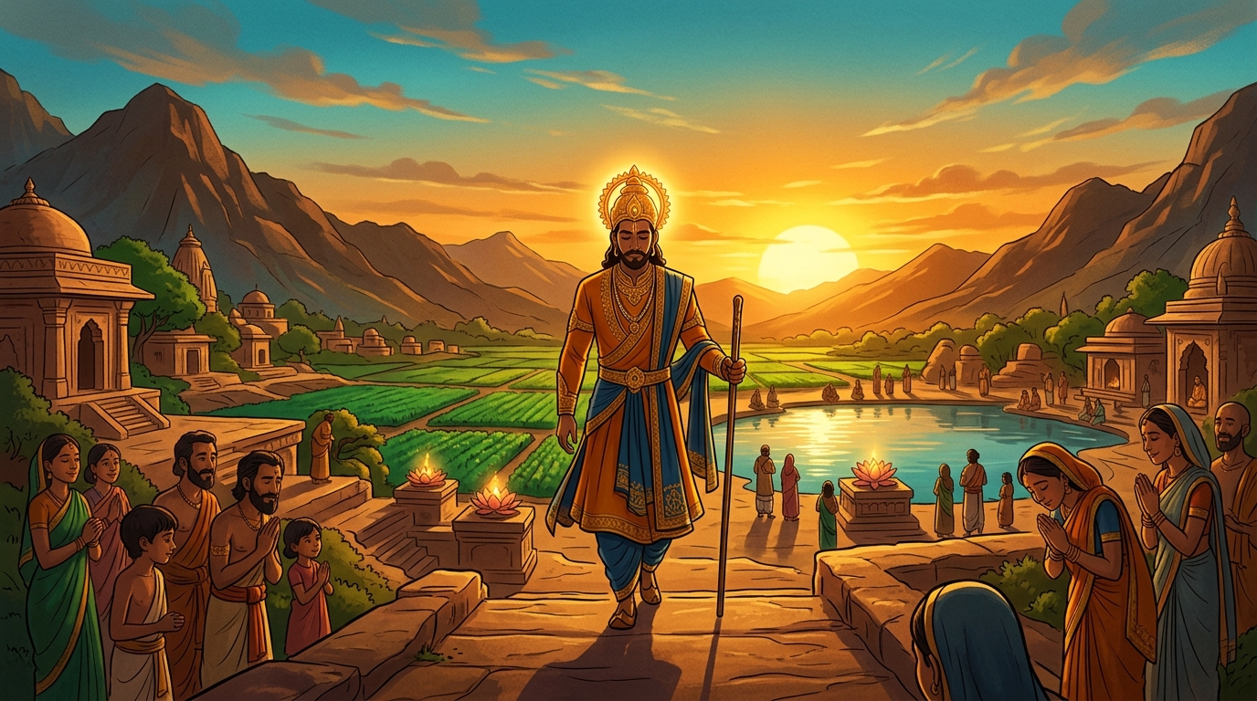 Emperor Vikramaditya departs the sacred mountain into the golden sunset in quiet humility
