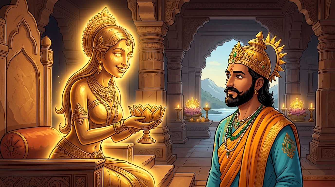 Back in Dharanagari palace, Prabhavati looks directly at King Bhoja with glowing solar-golden eyes