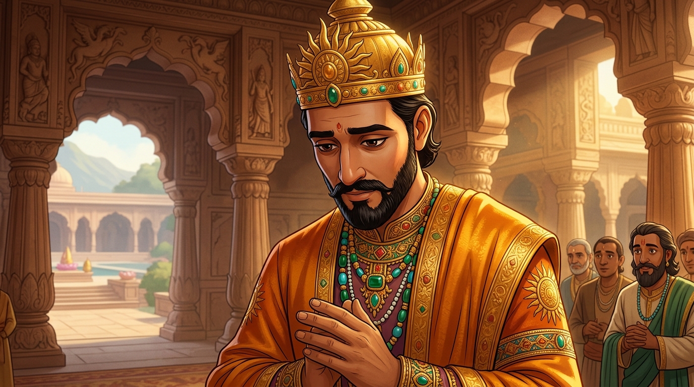 King Bhoja lowers his head in deep humility, acknowledging Vikramaditya's fearlessness